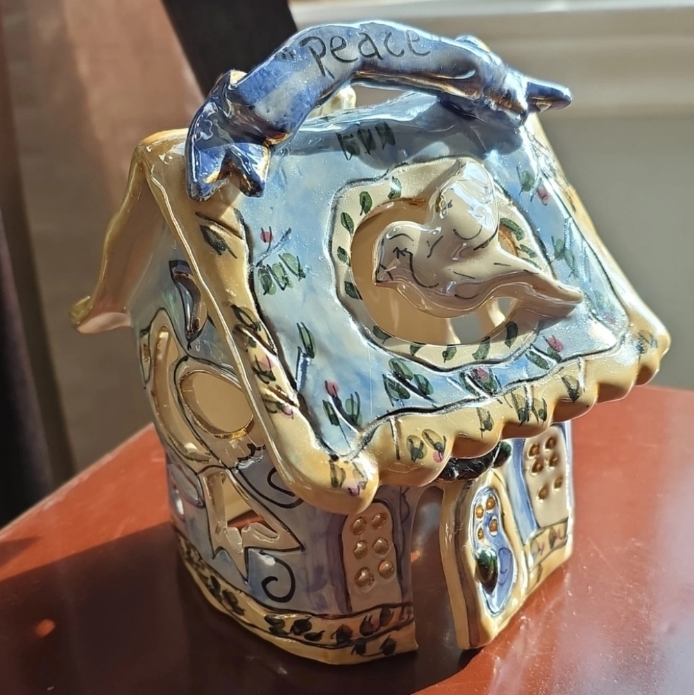 Blue Sky Artist Signed "Peace" Hand Painted Ceramic House